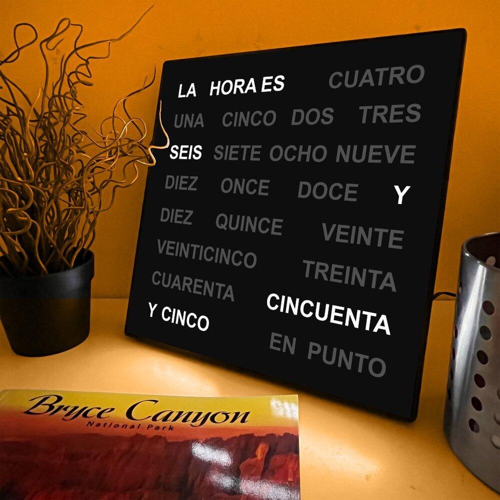 Spanish Language Word Clock - LED Text Display - AC Adapter with US Plug